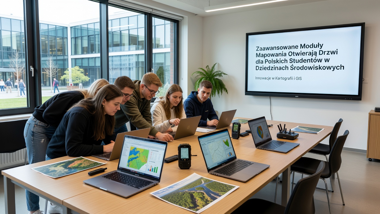 Group of Polish environmental students conducting field mapping with digital tablets in a forested area