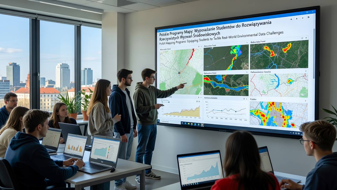 Group of Polish students reviewing environmental data visualizations on large screens during a field mapping exercise