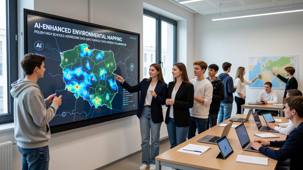 Students from multiple countries reviewing AI-generated environmental maps during a joint research session in Poland
